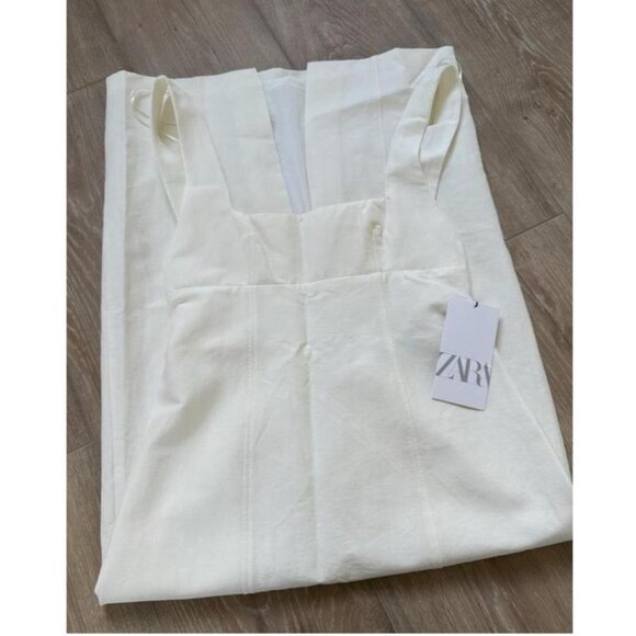 Zara Linen Blend Ivory Midi Dress With Open Back & Spaghetti Strap Detail Size S - Picture 6 of 6